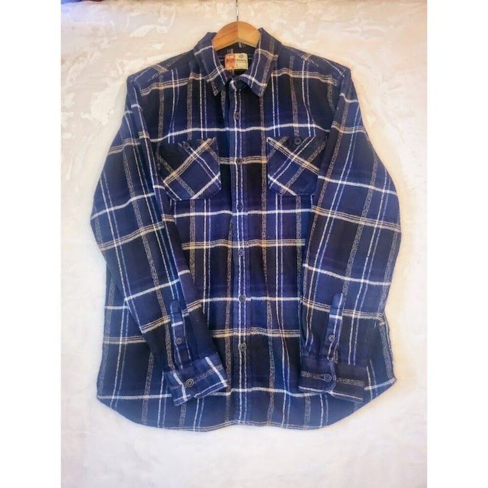 RuffHewn Mens Large Plaid Flannel Shirt Blue & White 100% Cotton Long Sleeve